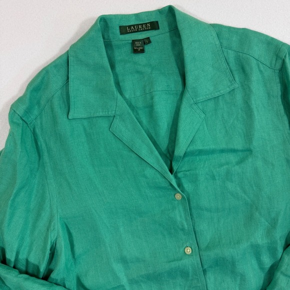 Lauren Ralph Lauren Green 100% Linen Herringbone Button Down Shirt Large - Picture 2 of 9